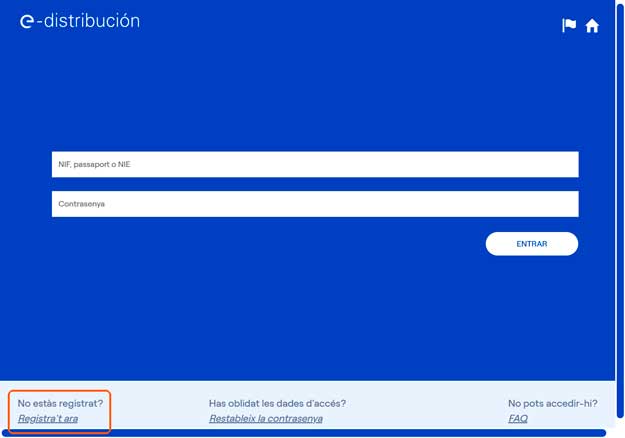 procés per a iniciar el registre en la zona privada de e-distribución